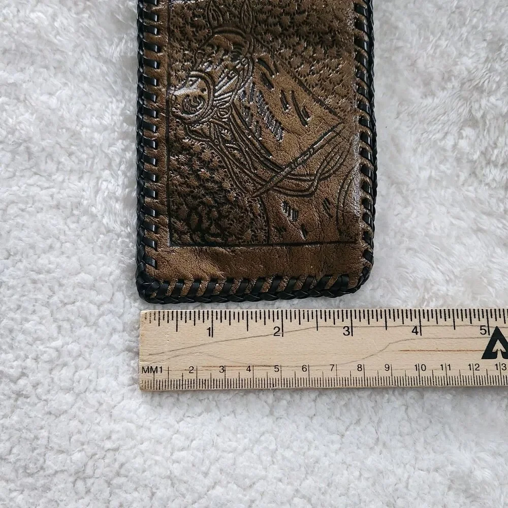 Vtg Hand Tooled Leather Braided Edge Bifold Wallet Western/Cowboy-Horse & Boots